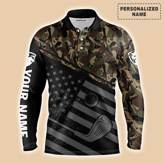 Custom Golf Long Sleeve Men Polo Shirt-Black American Flag Patriotic Camo Pattern Custom Name Apparel-Personalized Gift For Golf Lover, Team, 4th July