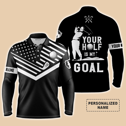 Custom Golf Men Polo Shirts - Your Hole Is My Goal Custom Name Polo Shirt, Personalized Black American Flag Golf Shirt - Perfect Gift For Men, Golfers