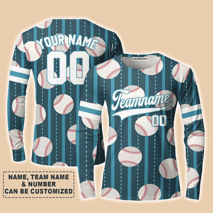 Customized Baseball Long Sleeve Shirt, Teal Baseball Striped Pattern Teal White Custom Long Sleeve Shirt - Perfect Long Sleeve Shirt For Men & Woman, Baseball Lovers