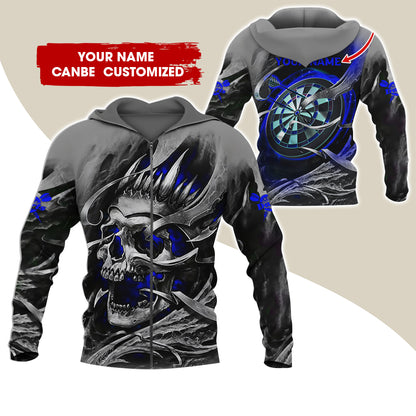 Customized Name Skull Darts Premium Zip Hoodie, Personalized Name Dartboard Zip Hoodie For Men & Women - Gift For Darts Lovers, Darts Players