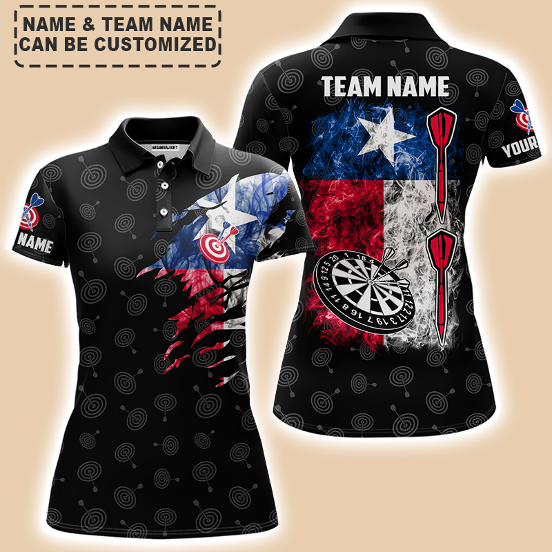 Personalized Darts Women Polo Shirt - Custom Name & Team Name Smoke Texas Flag Darts Polo Shirt For Women, Darts Team, Darts Lover
