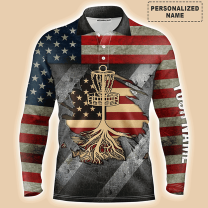 Custom Golf Long Sleeve Men Polo Shirt - Custom Name American Flag Disc Golf Basket Apparel - Perfect Gift For Men, Golf Lover