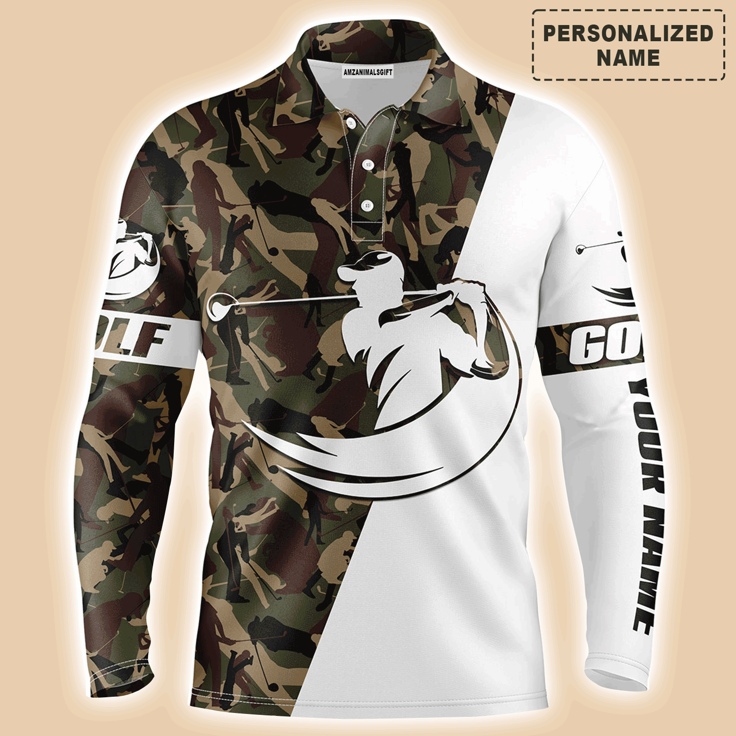 Custom Golf Long Sleeve Men Polo Shirt - Custom Name White And Camo Apparel - Personalized Sports Gift For Men, Golf Lover