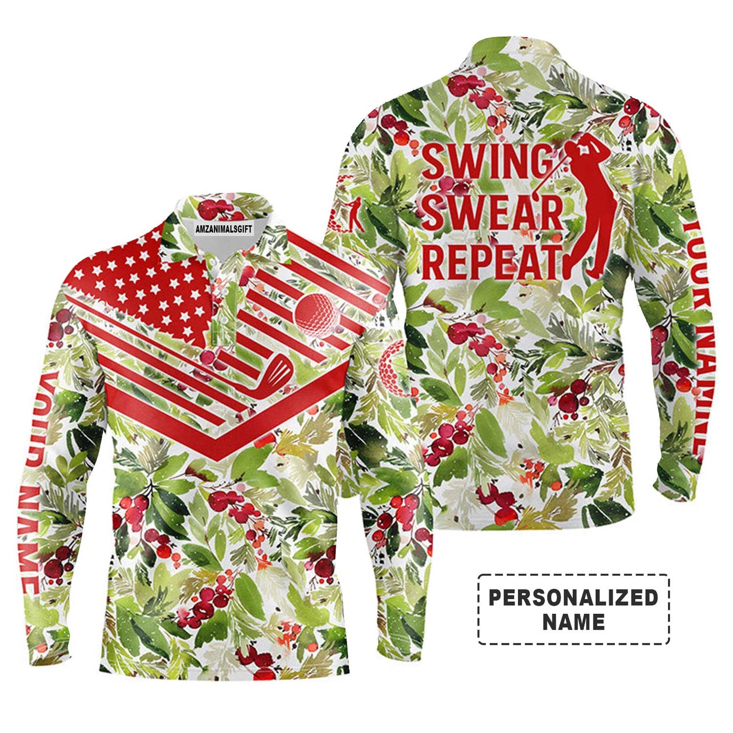 Custom Golf Long Sleeve Men Polo Shirt - Christmas Pattern American Flag Custom Name Black, Swing Swear Repeat Men Golf Polo Shirt- Perfect Polo Shirt For Men