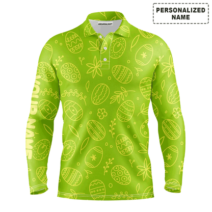 Custom Golf Long Sleeve Men Polo Shirt - Lime Green Easter Eggs Pattern Custom Name Polo Shirt - Personalized Gift For Golf Lover, Men, Easter's Day