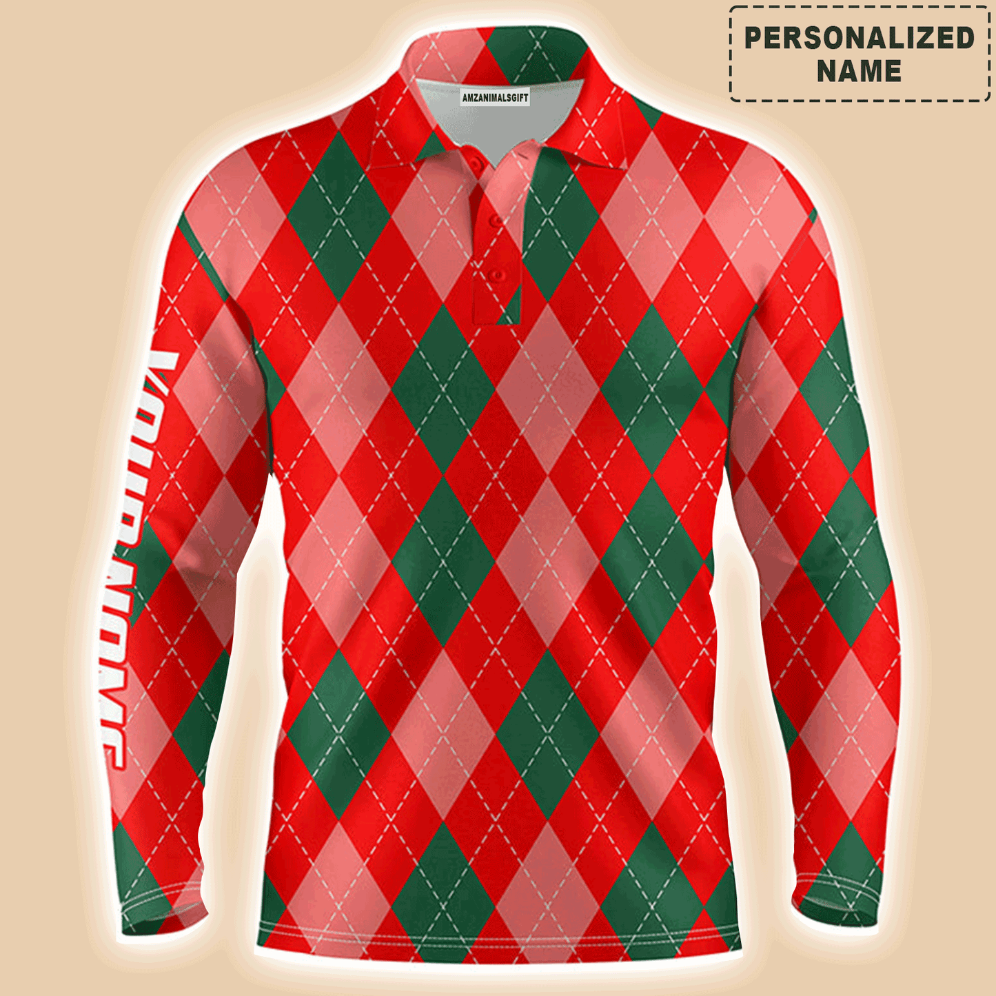 Custom Golf Long Sleeve Men Polo Shirt, Christmas Plaid Red Argyle Pattern Custom Name Apparel, Perfect Gift For Men, Golf Lover