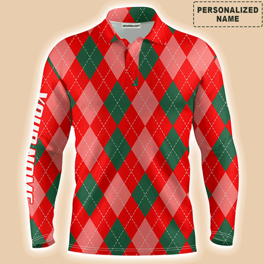 Custom Golf Long Sleeve Men Polo Shirt, Christmas Plaid Red Argyle Pattern Custom Name Apparel, Perfect Gift For Men, Golf Lover