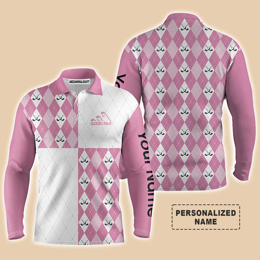 Custom Golf Long Sleeve Men Polo Shirt - Pink White Golf Ball Clubs Pattern Custom Name Apparel, Addicted - Personalized Gift For Golf Lover, Team, Golfer