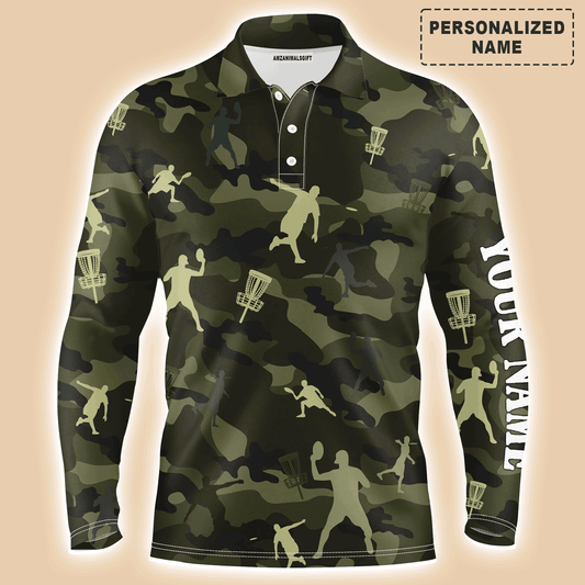 Custom Golf Long Sleeve Men Polo Shirt - Custom Name Green Camo Disc Golf Apparel - Personalized Gift For Men, Disc Golf Lover