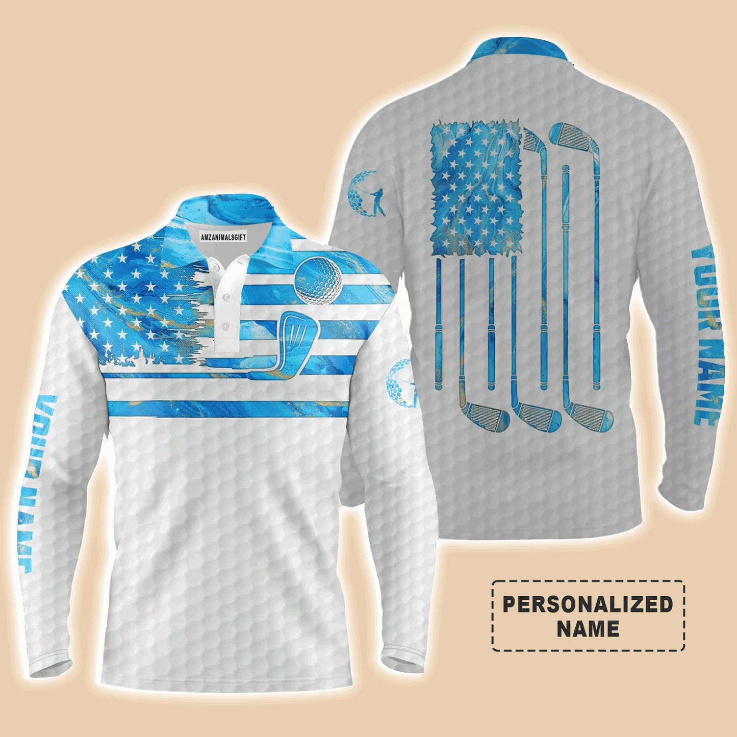 Custom Golf Short Sleeve Men Polo Shirt - Custom Name Blue Watercolor American Flag Apparel - Personalized Gift For Golf Lover, Team, Boyfriend, Men