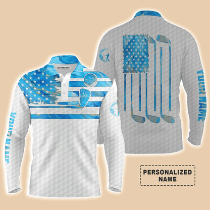 Custom Golf Short Sleeve Men Polo Shirt - Custom Name Blue Watercolor American Flag Apparel - Personalized Gift For Golf Lover, Team, Boyfriend, Men
