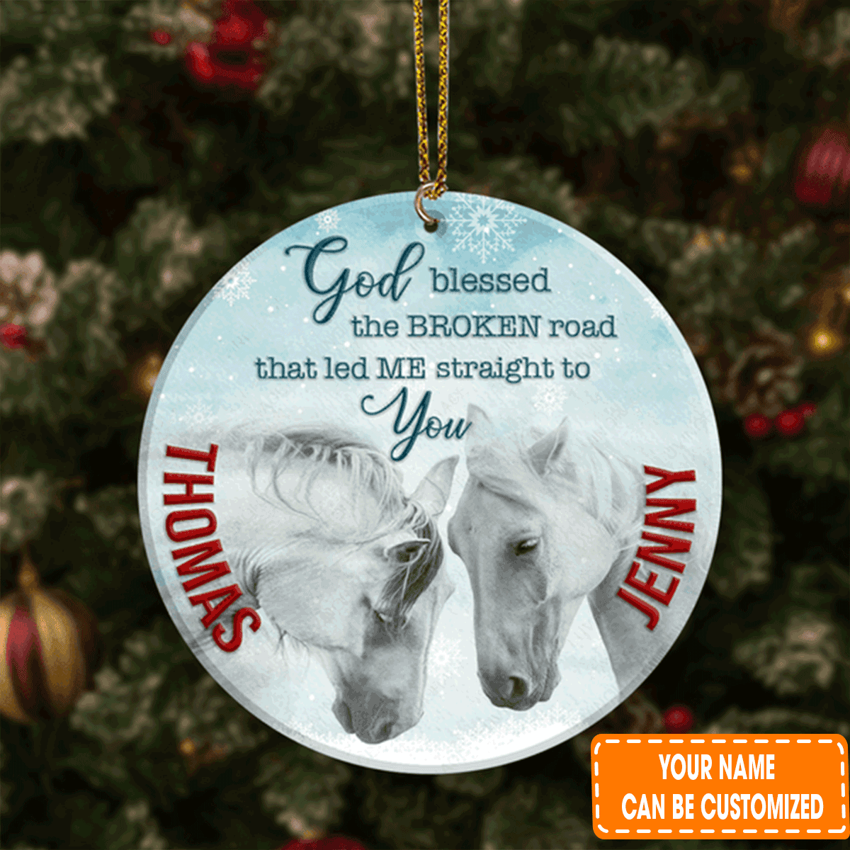 Custom Jesus Acrylic Ornament, Personalized White Horse Couple Snow God Blessed Acrylic Ornament For Christian, Holiday Decor