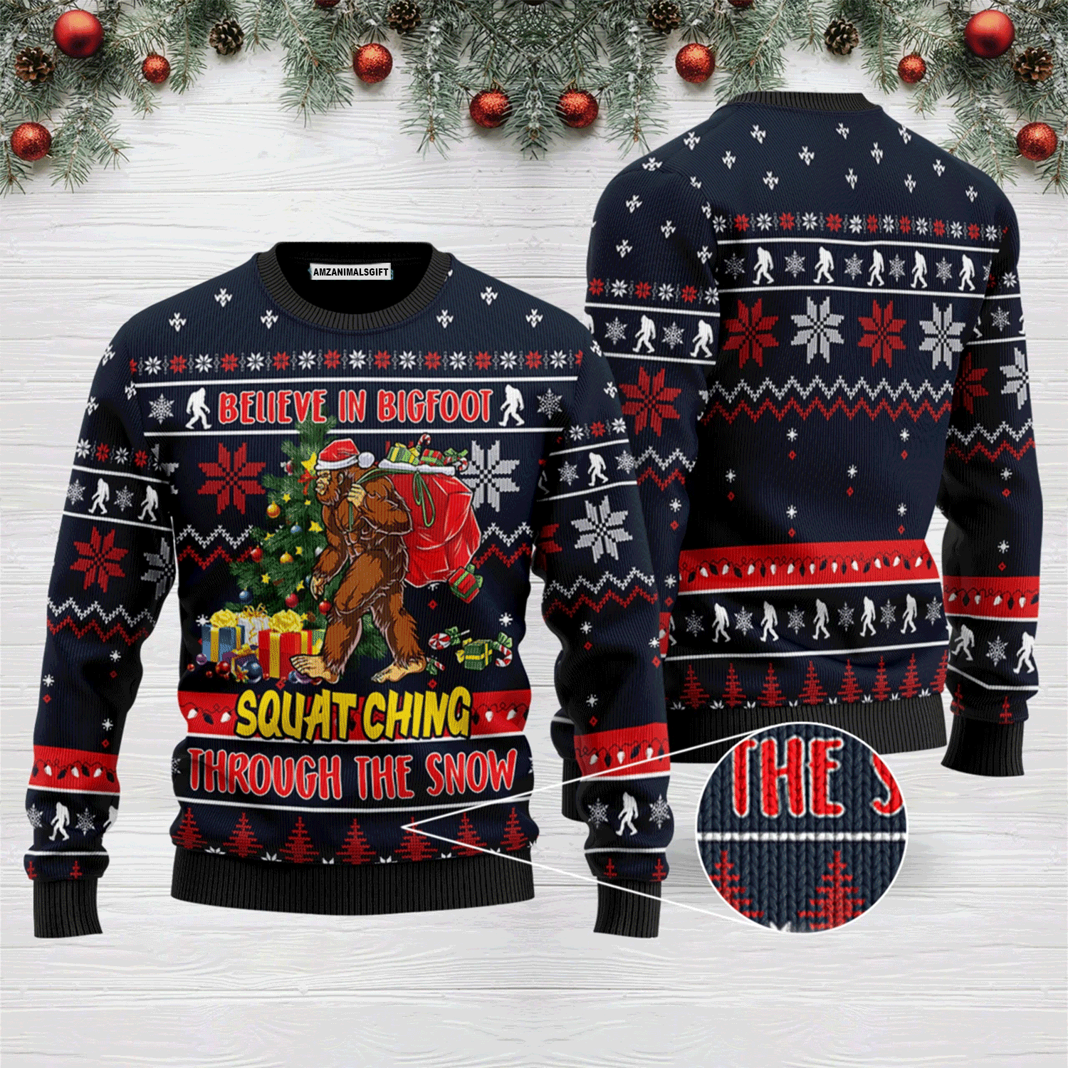 Bigfoot Squats Ching Sweater Through The Snow, Ugly Christmas Sweater For Men & Women, Perfect Outfit For Christmas New Year Autumn Winter