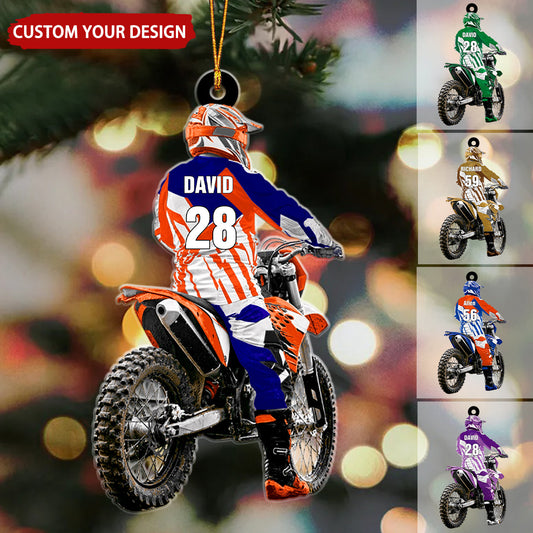 Personalized Motocross Racer Back View Flat Acrylic Ornament, Ornament Gift For Son, Daughter, Motocross Lovers