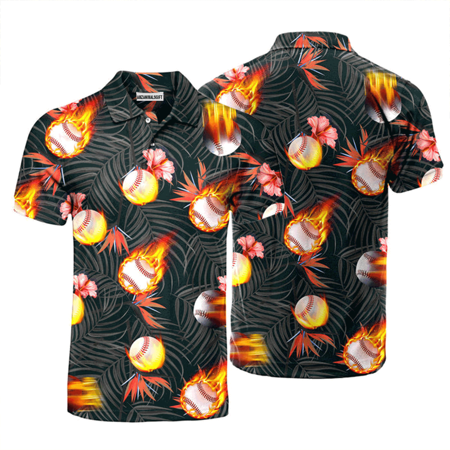 Baseball Men Polo Shirt, Baseball Fire Tropical Polo Shirt For Men, Perfect Polo Shirt For Baseball Lovers