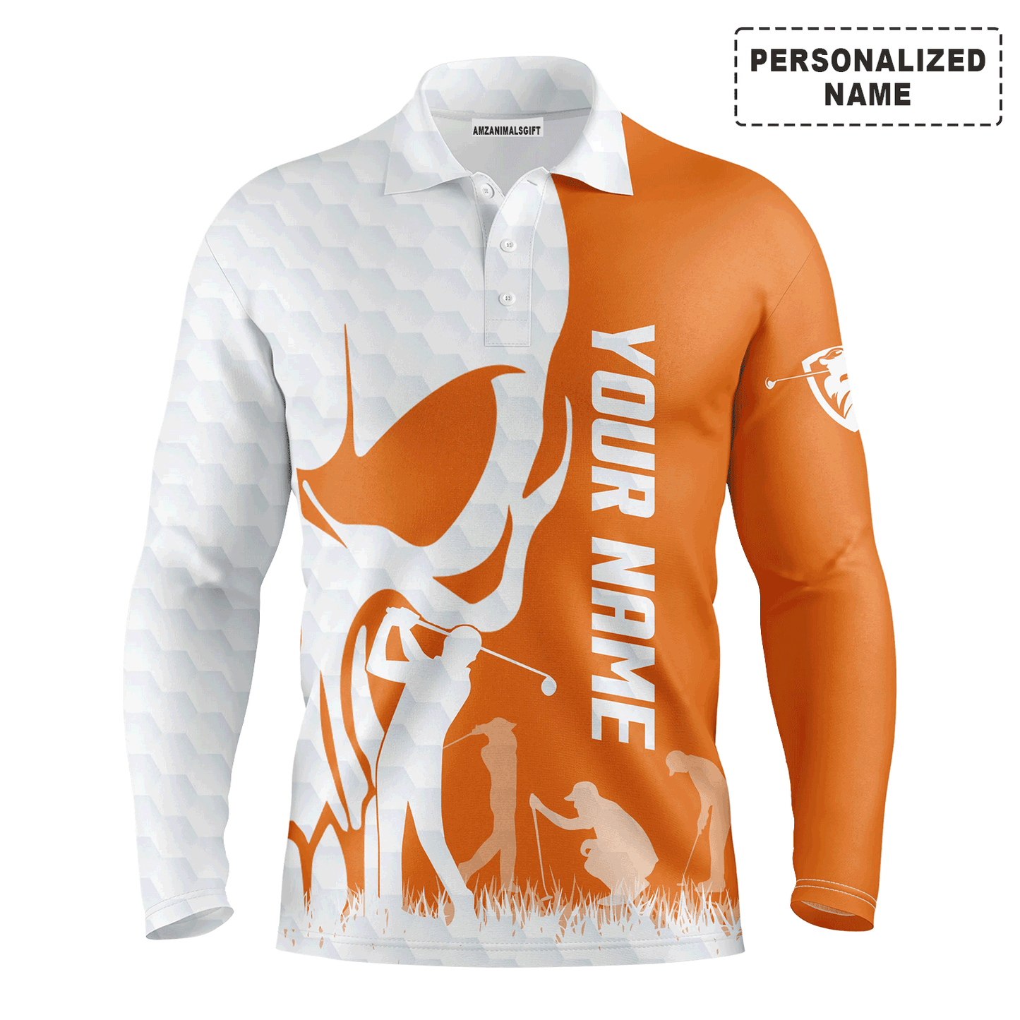 Custom Golf Long Sleeve Men Polo Shirt - Custom Name  Skull White Golf Ball, Orange Apparel - Personalized Gift For Men, Golf Lover