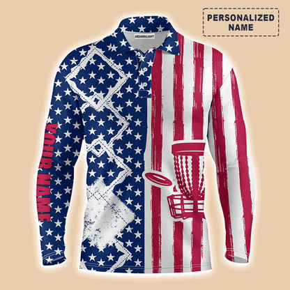 Custom Disc Golf Long Sleeve Men Polo Shirt- Custom Name American Flag Disc Golf Basket Apparel Men Polo Shirt For Disc Golf Lover