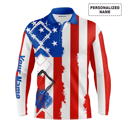 Custom Golf Long Sleeve Men Polo Shirt - American Flag Patriot Custom Name Apparel - Personalized Gift For Golf Lover, 4th July