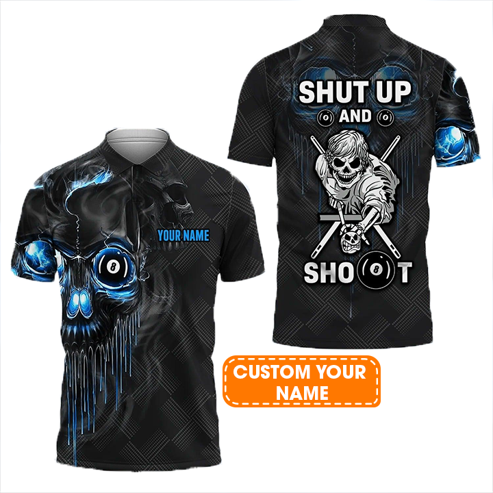 Custom Name Billiard Men Polo Shirt, Personalized Skull 8 Ball Pool Billiards Polo Shirts, Shut Up And Shoot, Gift For Billiard Lovers, Players