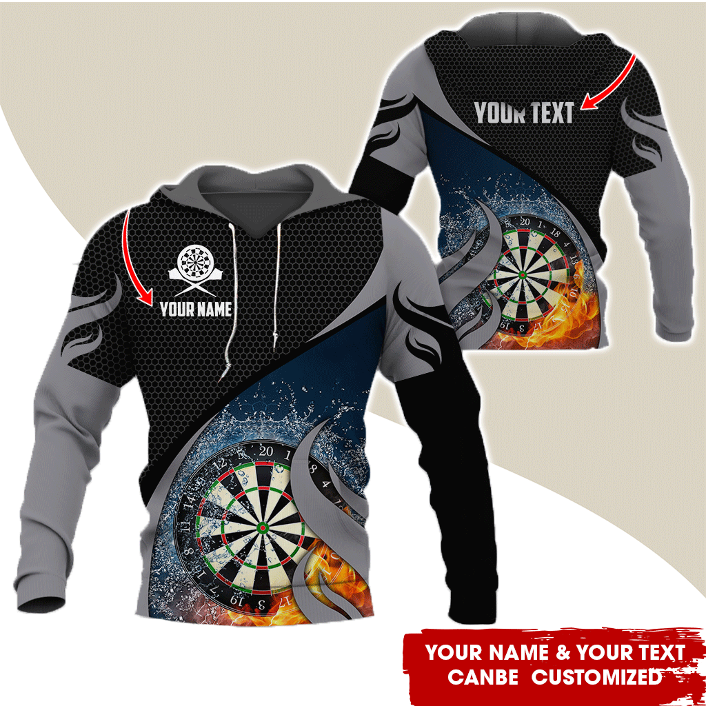 Personalized Fire & Water Darts Premium Hoodie, Customized Name & Text Darts Hoodie, Honeycomb Pattern Hoodie, Perfect Gift For Darts Lovers, Darts Player