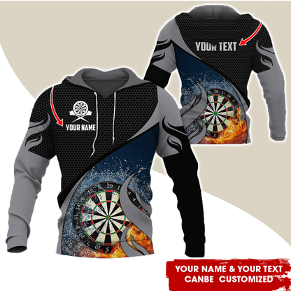 Personalized Fire & Water Darts Premium Hoodie, Customized Name & Text Darts Hoodie, Honeycomb Pattern Hoodie, Perfect Gift For Darts Lovers, Darts Player