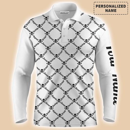 Custom Golf Long Sleeve Men Polo Shirt -Swing Swear Drink Repeat Skull Pattern Apparel-Personalized Gift For Golf Lover, Team, Husband, Boyfriend, Men