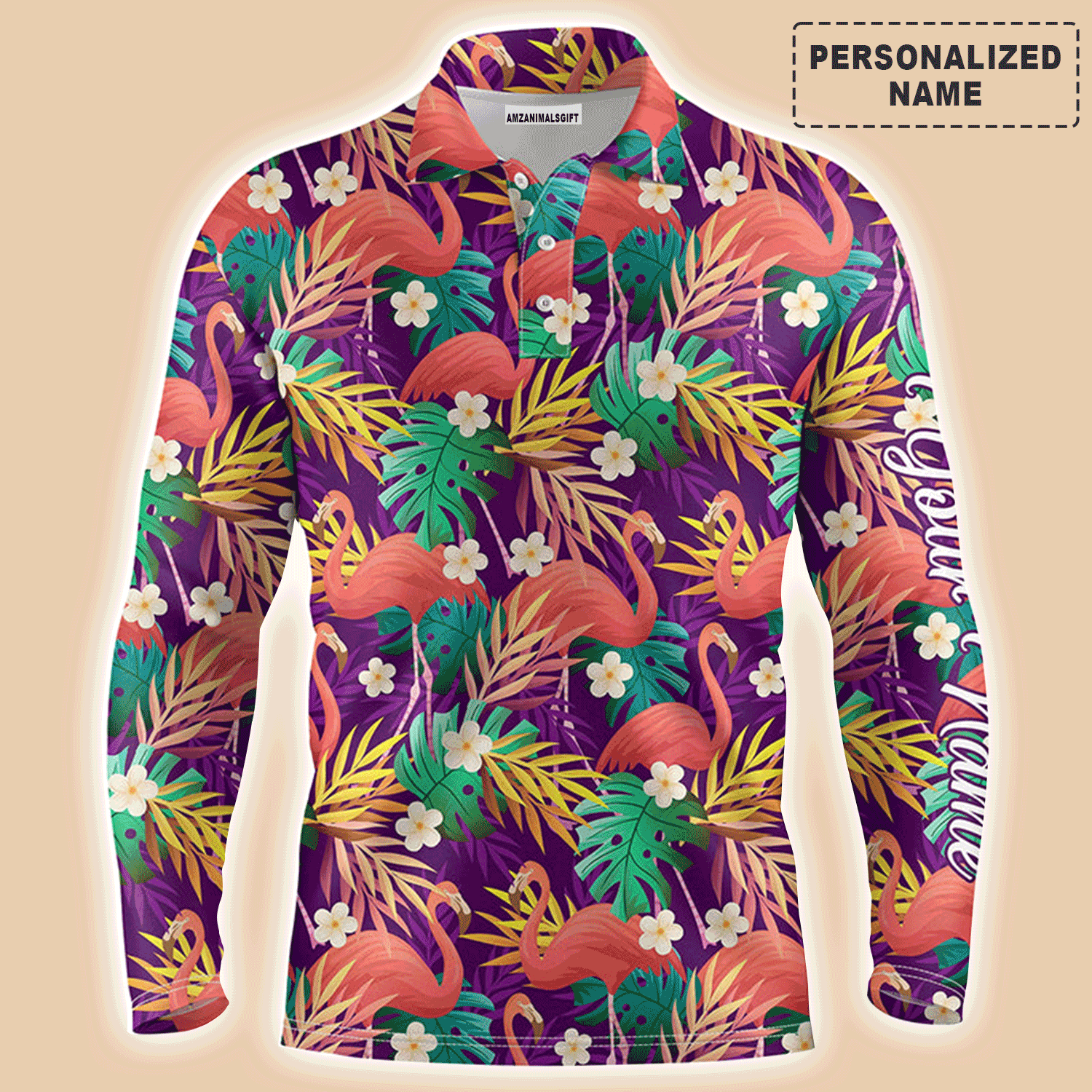 Custom Golf Long Sleeve Men Polo Shirt - Custom Name Colorful Flamingo Pattern Tropical Leaves Apparel - Personalized Gift For Men, Golf Lover