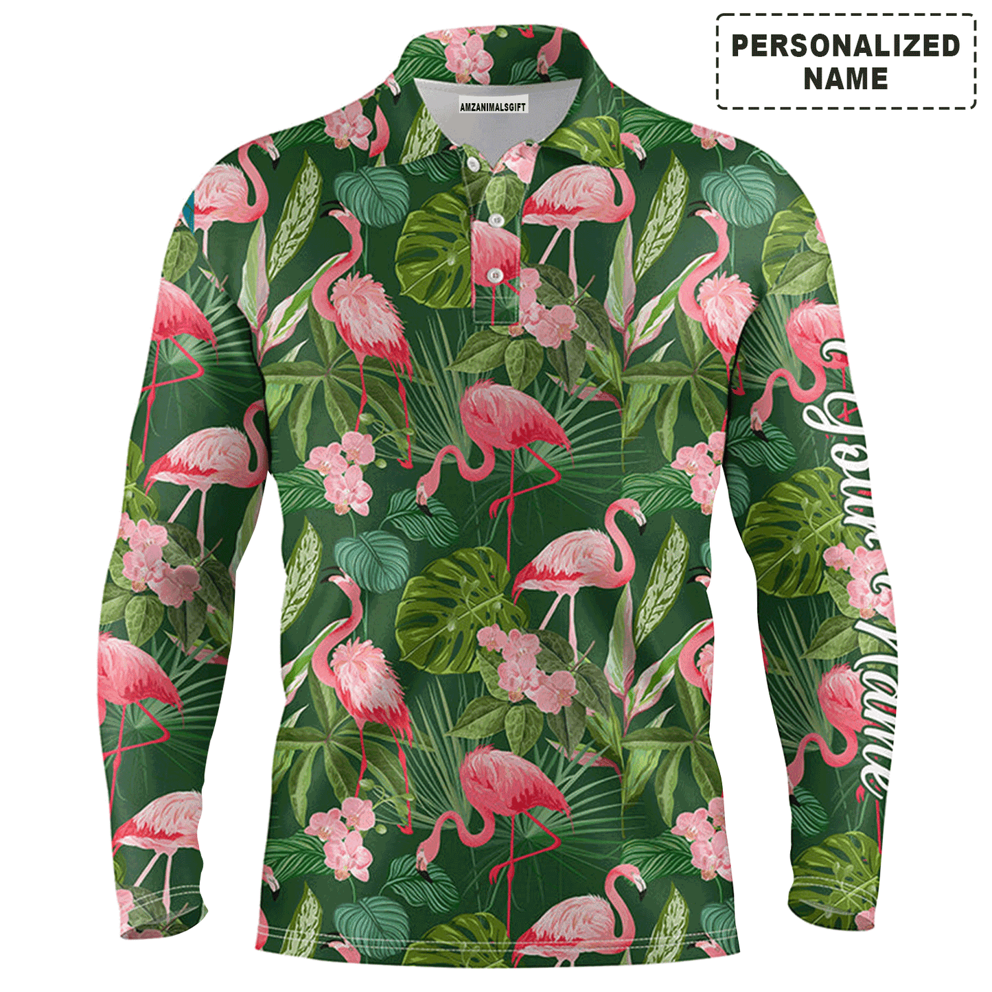 Custom Golf Long Sleeve Men Polo Shirt - Custom Name Flamingo Green Tropical Palm Leaves Pattern Apparel - Personalized Gift For Men, Golf Lover