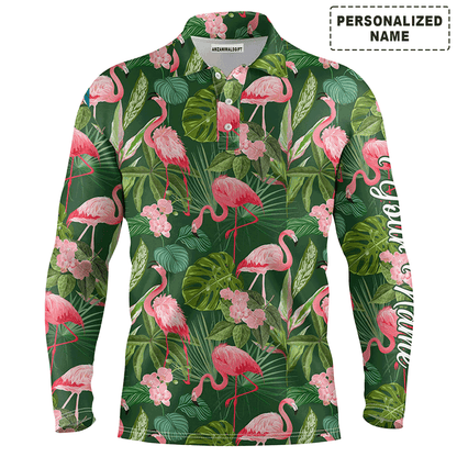 Custom Golf Long Sleeve Men Polo Shirt - Custom Name Flamingo Green Tropical Palm Leaves Pattern Apparel - Personalized Gift For Men, Golf Lover
