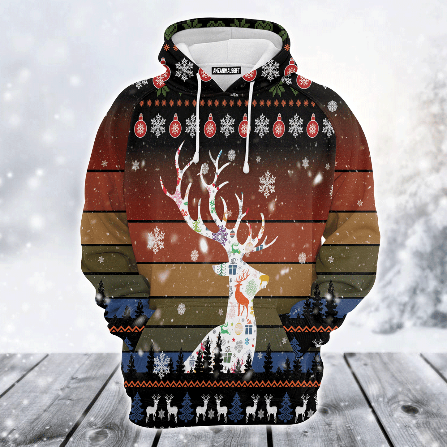 Awesome Deer Premium Christmas Hoodie, Vintage Background Awesome Deer Christmas Unisex Hoodie For Men & Women - Perfect Gift For Christmas, Family
