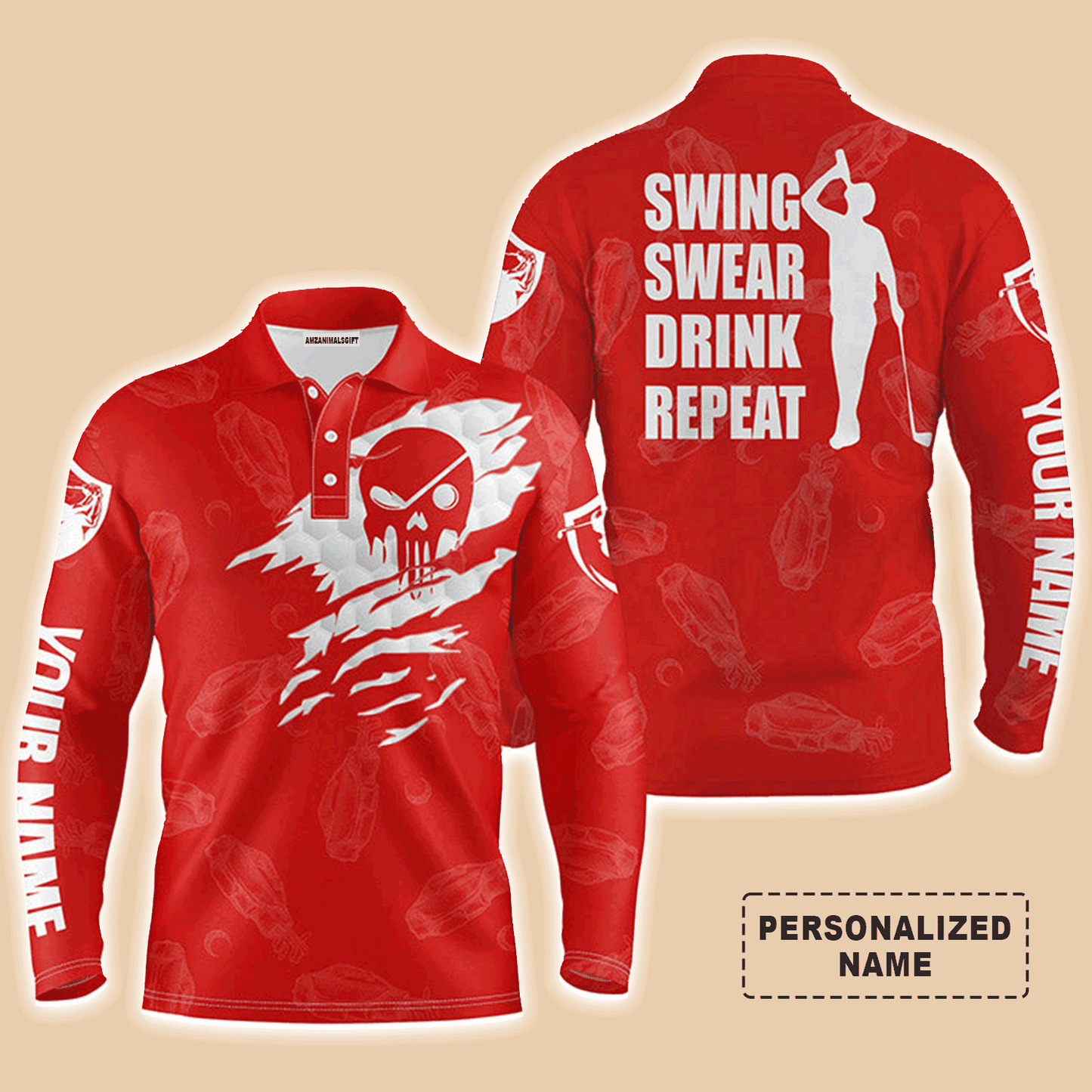 Golf Men Polo Shirt - Custom Name Multicolor Golf Clubs Pattern - Swing Swear Drink Repeat Men Polo Shirt For Golf Lover