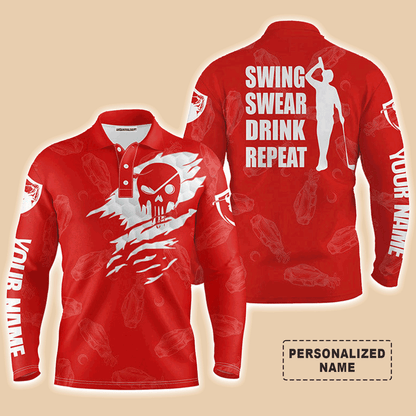 Golf Men Polo Shirt - Custom Name Multicolor Golf Clubs Pattern - Swing Swear Drink Repeat Men Polo Shirt For Golf Lover