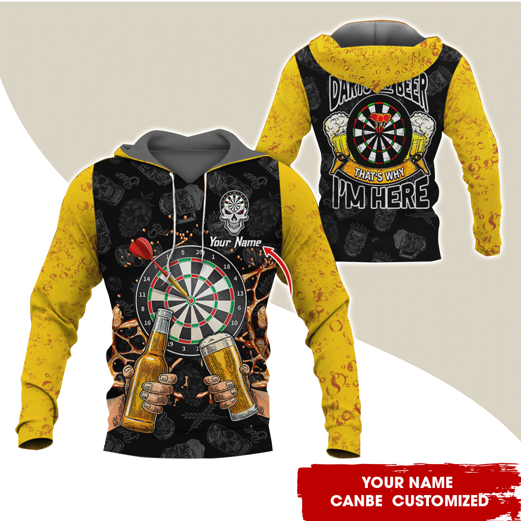 Personalized Darts Beer Premium Hoodie, Customized Name Darts Hoodie, Darts & Beer I'm Here Hoodie,  Perfect Gift For Darts Lovers, Friend, Family