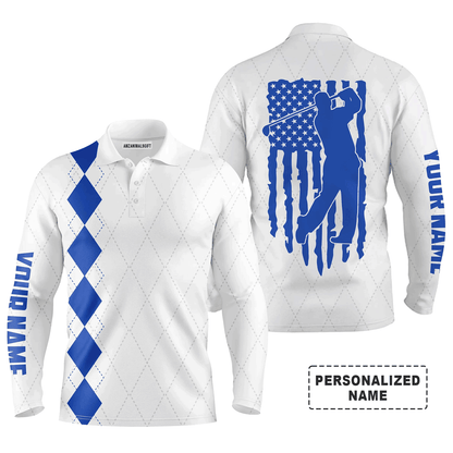 Custom Golf Long Sleeve Men Polo Shirt - Custom Name Blue American Flag Apparel - Personalized Gift For Golf Lover, Team, Husband, Boyfriend, 4th July
