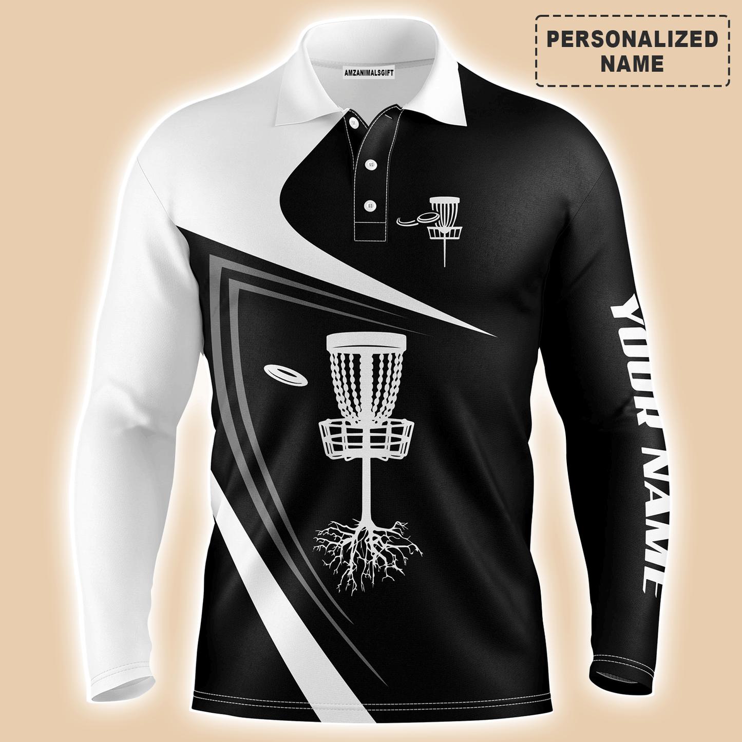 Custom Golf Long Sleeve Men Polo Shirt - Black And White Disc Golf Basket Apparel Men Polo Shirt-Perfect Polo Shirt For Men, Disc Golf Lover