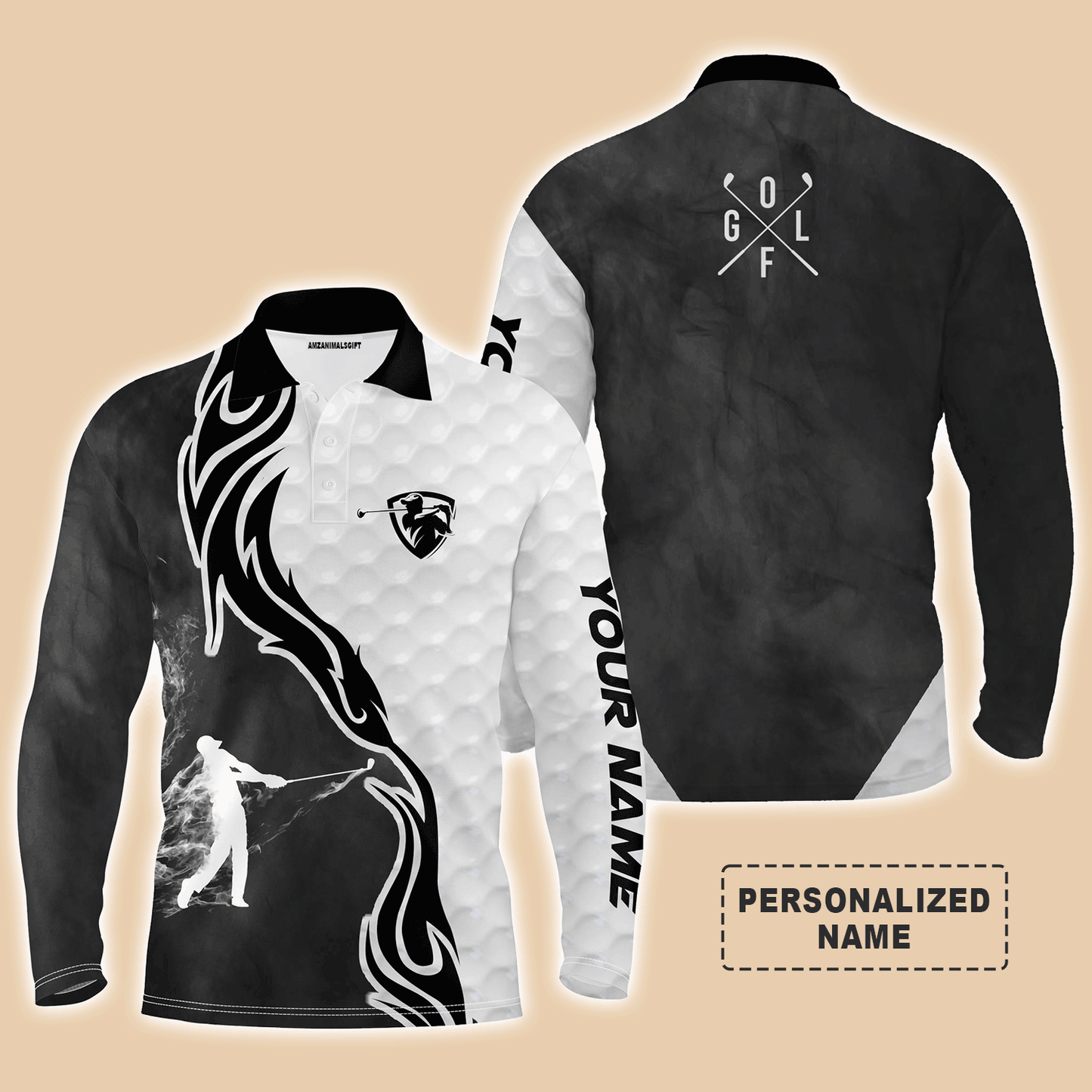 Custom Golf Long Sleeve Men Polo Shirt - Fire Pattern, Custom Name Black and White Apparel - Personalized Gift For Men ,Golf Lover