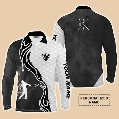 Custom Golf Long Sleeve Men Polo Shirt - Fire Pattern, Custom Name Black and White Apparel - Personalized Gift For Men ,Golf Lover