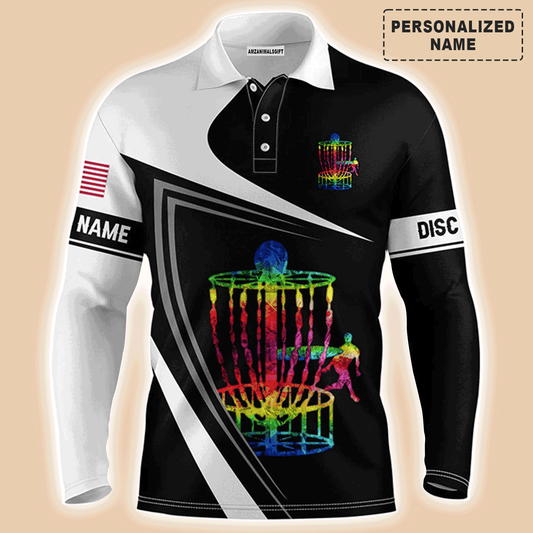 Custom disc Golf Long Sleeve Men Polo Shirt , Custom Name Watercolor Basket Black and White Apparel - Perfect Gift For Men, Disc Golf Lover