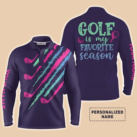 Custom Golf Long Sleeve Men Polo Shirt - Custom Name Golfing Purple , Golf Is My Favorite Season Men Polo Shirt, Perfect Polo Shirt For Men, Golfers