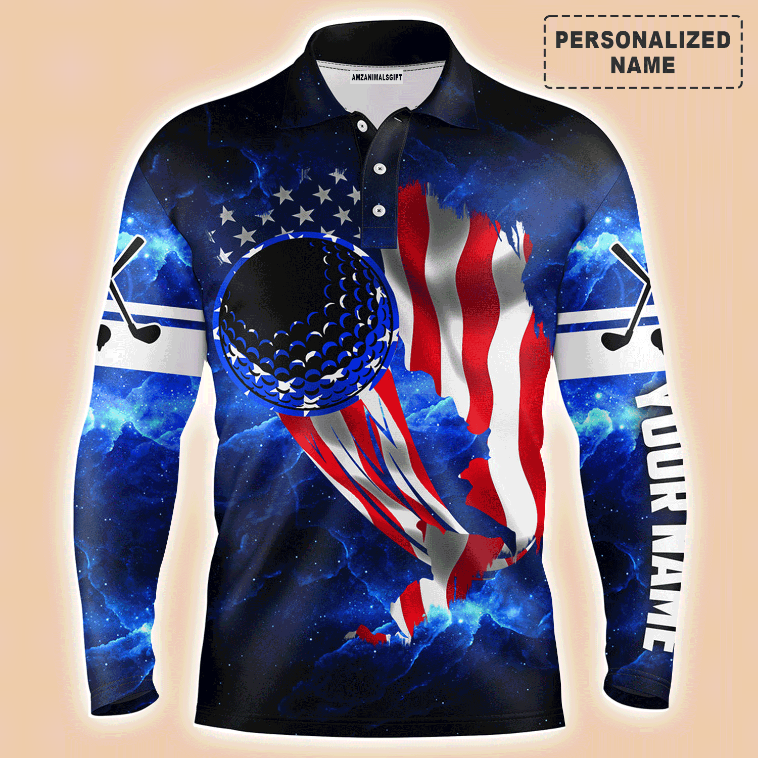 Custom Golf Long Sleeve Men Polo Shirt - Golf Ball Blue Galaxy Universe American Flag Custom Name Apparel Gift For Men, Golf Lover