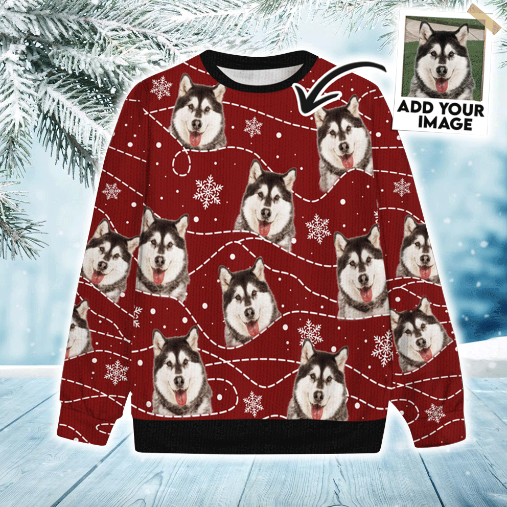Custom Pet Sweater - Personalized Pet Photo, Funny Snow And Line Wine Color Sweater Funny, Perfect Gift For Dog Lovers, Friend, Family