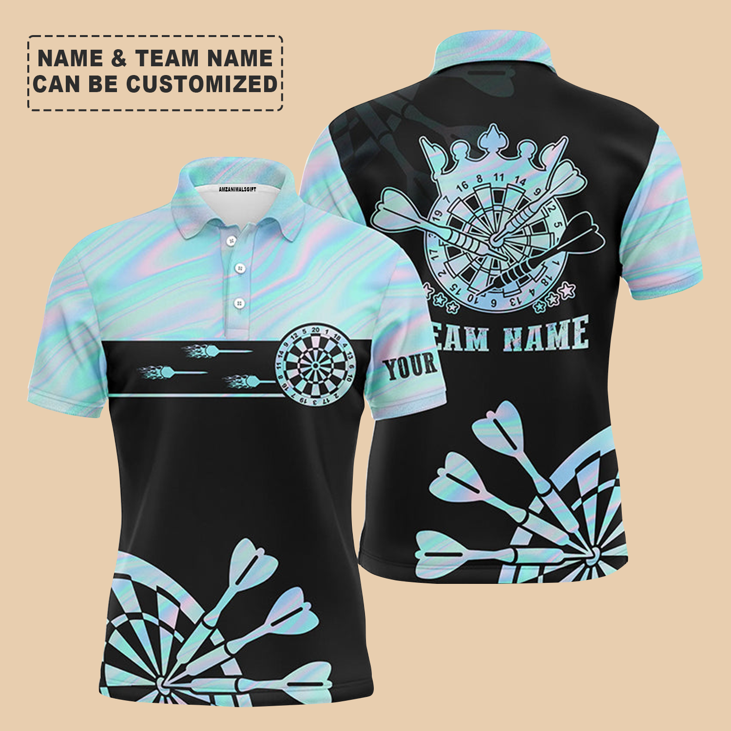 Personalized Darts Men Polo Shirt - Custom Name & Team Name Holographic Tie Dye Polo Shirt For Men, Darts Team, Darts Lover
