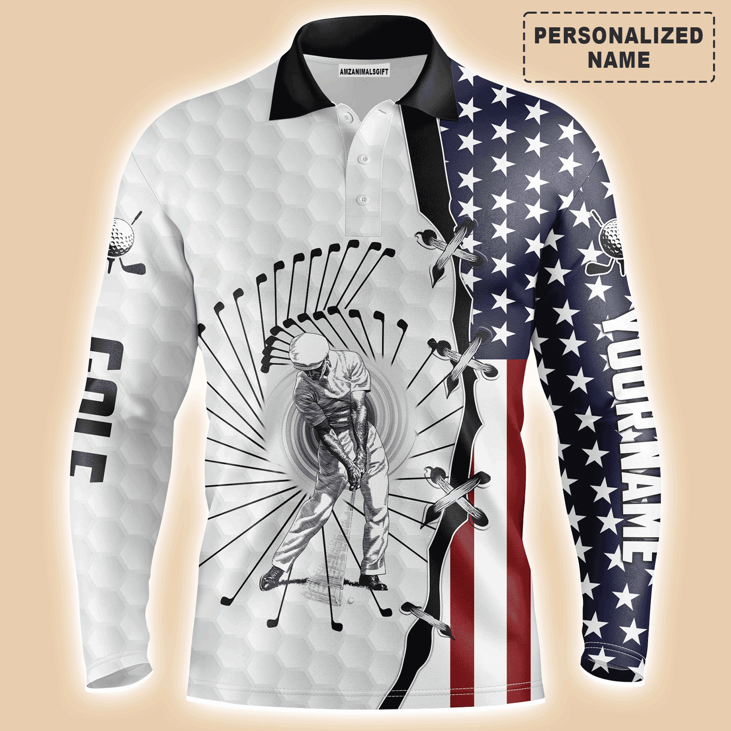 Custom Golf Long Sleeve Men Polo Shirt - American Flag Apparel - Personalized Gift For Men, Golf Lover, Husband,  Boyfriend, 4th Of July