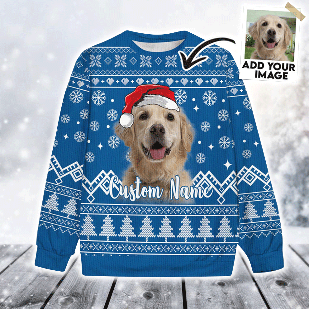 Custom Sweater With Dog Face - Personalized Pet Photo Sweater, Funny Sweater Merry Christmas Blue Color, Perfect Gift For Dog Lovers, Friend, Family