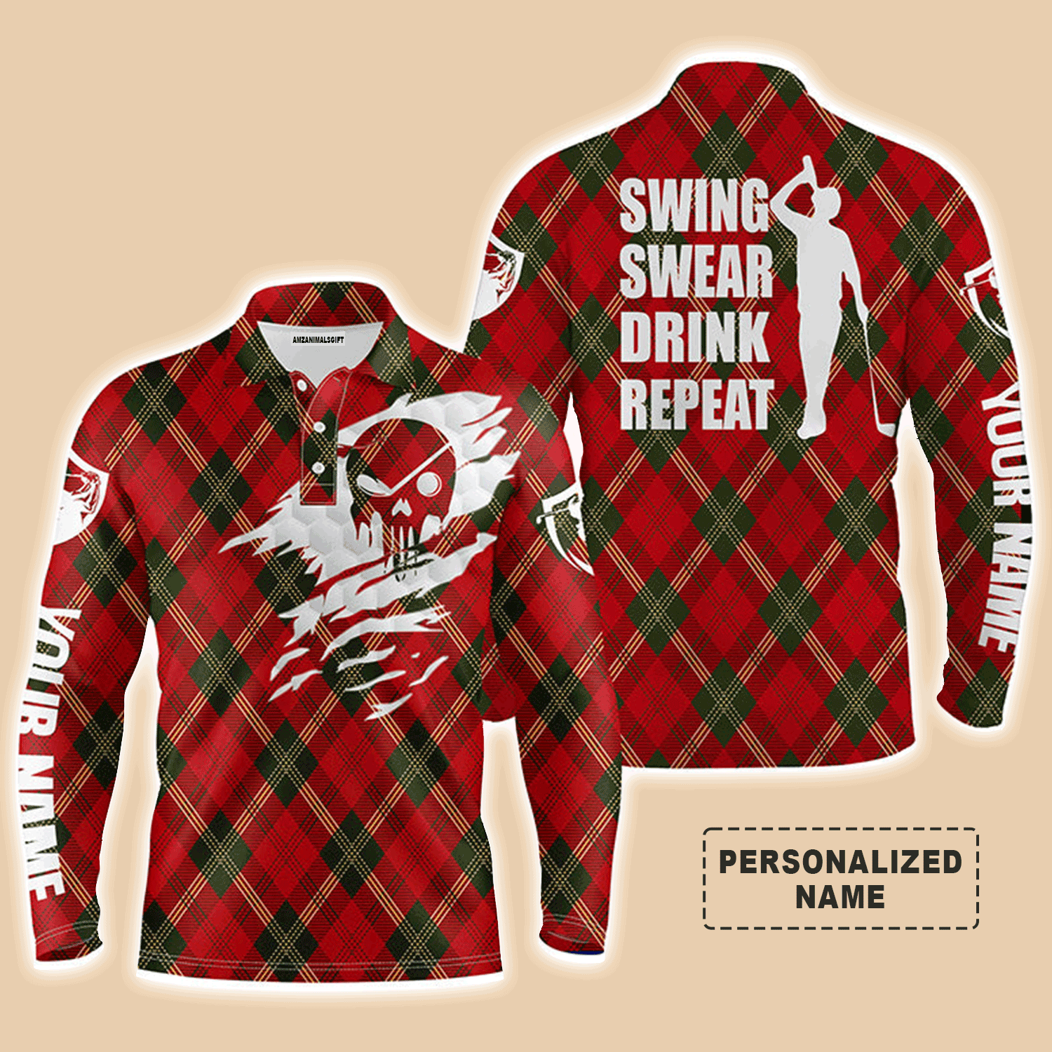 Custom Golf Long Sleeve Men Polo Shirt - Custom Name Christmas, Swing Swear Drink Repeat Men Polo Shirt - Perfect Gift For Golf Lover, Men