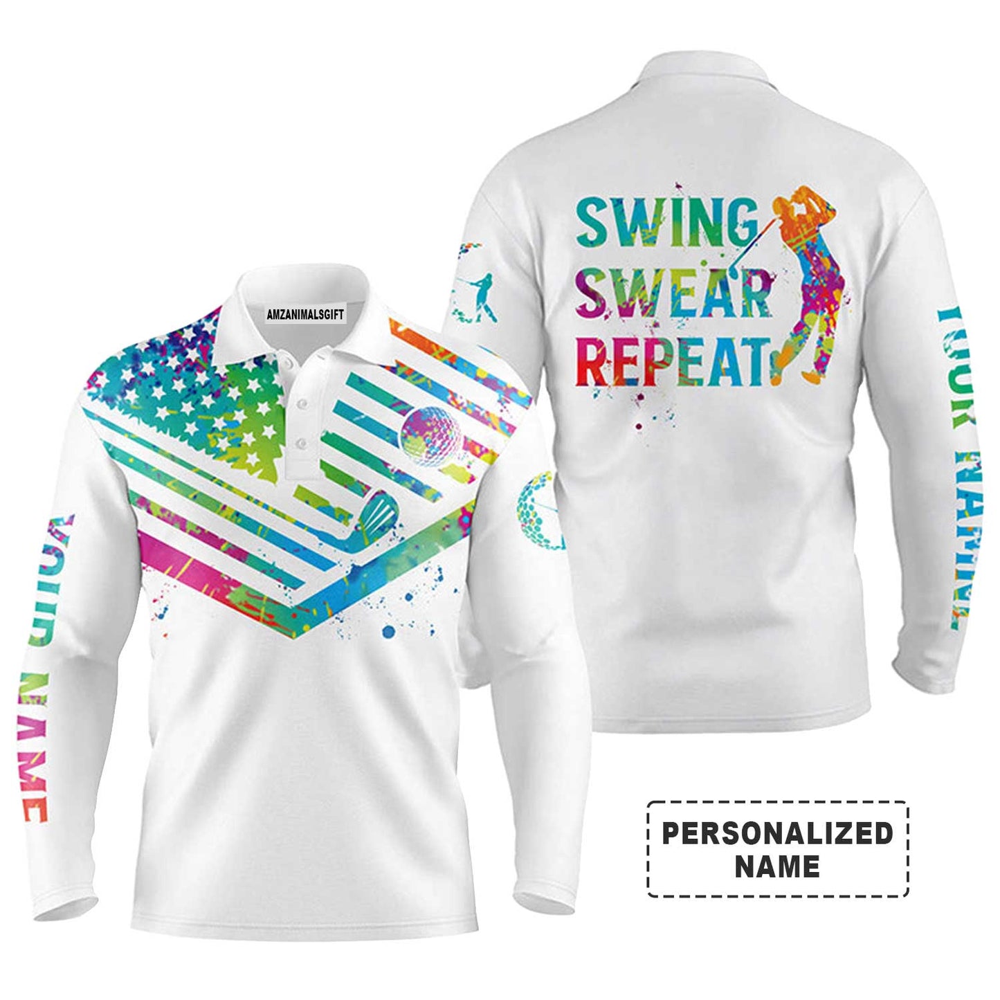 Custom Golf Long Sleeve Men Polo Shirt - Watercolor American Flag Custom Name White Apparel - Swing Swear Repeat Men Golf Polo Shirt - Personalized Gift For Golf Lover
