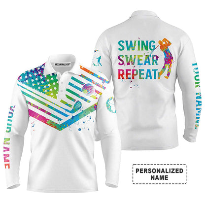 Custom Golf Long Sleeve Men Polo Shirt - Watercolor American Flag Custom Name White Apparel - Swing Swear Repeat Men Golf Polo Shirt - Personalized Gift For Golf Lover