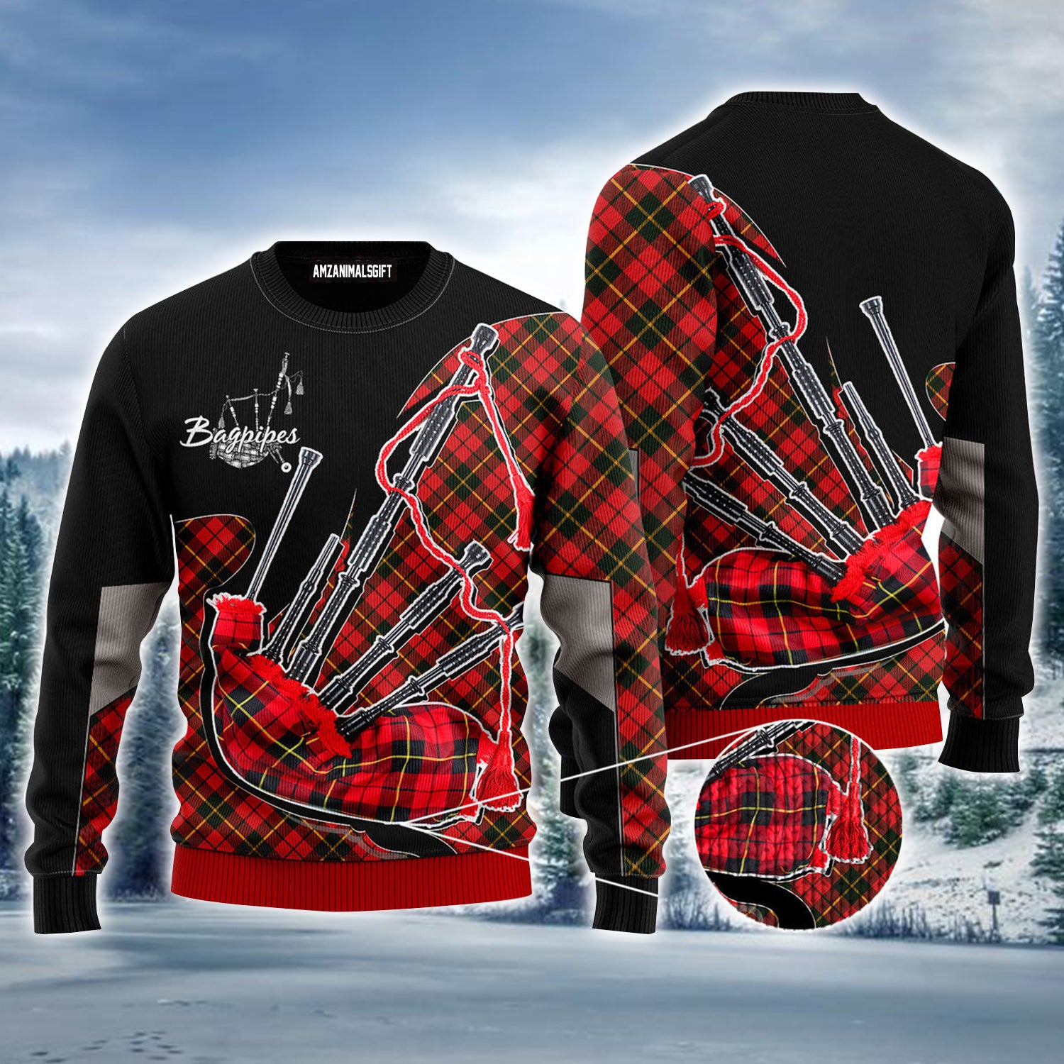Bagpipes Music Ugly Sweater, Christmas Ugly Sweater, Red & Black Plaid Pattern Ugly Sweater For Men & Women - Perfect Gift For Music Lovers, Christmas
