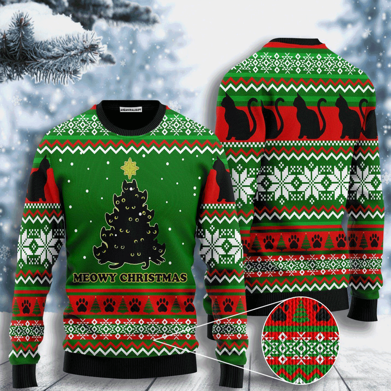 Black Cat Meowy Christmas Tree Sweater, Ugly Christmas Sweater For Men & Women, Perfect Outfit For Christmas New Year Autumn Winter