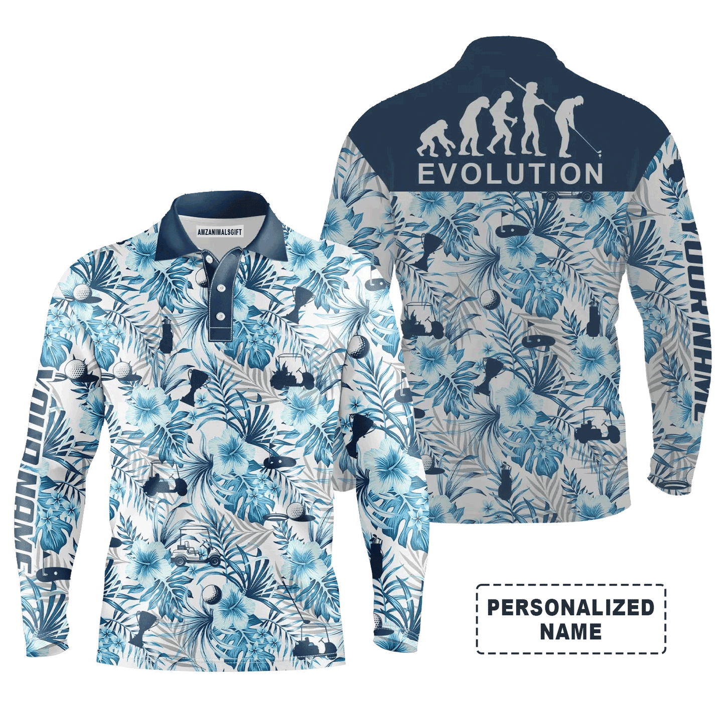 Custom Golf Long Sleeve Men Polo Shirt - Custom Name Blue Tropical Plant Pattern Apparel - Personalized Gift For Golf  Men, Lover